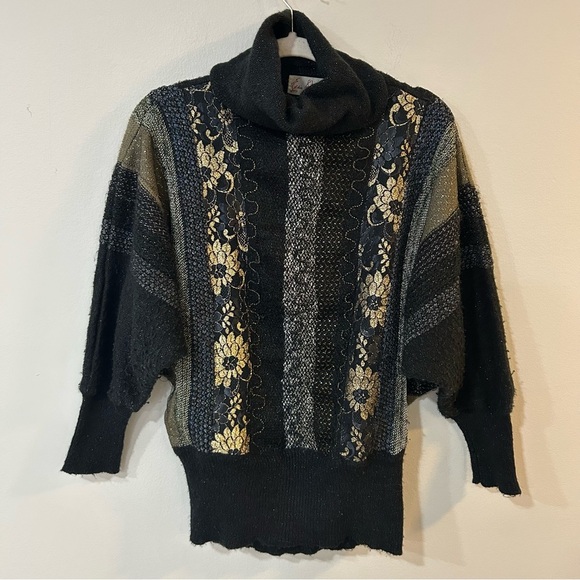 Vintage Eddie Dassin Black Gold Shimmer Pattern Turtleneck Sweater Size Large - Picture 1 of 6